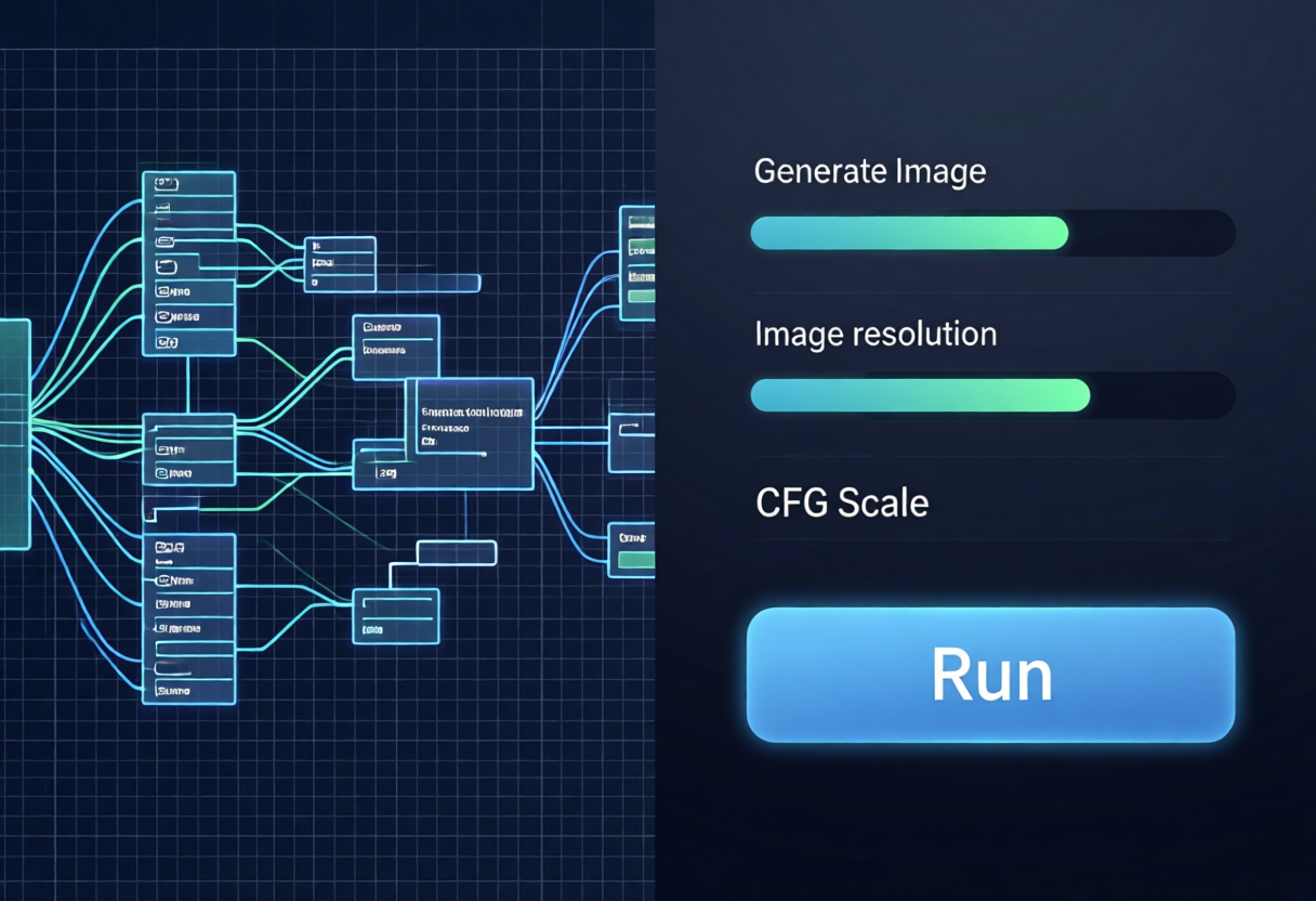 ComfyUI vs Automatic1111 vs Forge - A split screen showing a node-based workflow interface and a clean slider-based UI